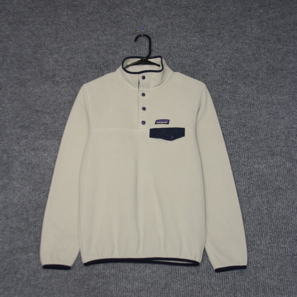 Patagonia Synchilla Snap-T Fleece Pullover Mens‎ S Cream Navy Blue Trim